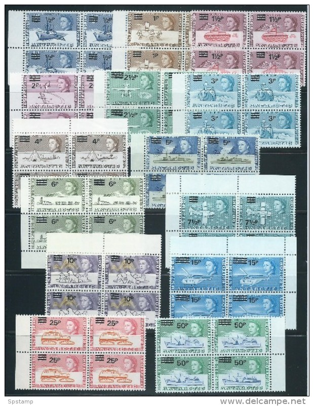 British Antarctic Territory 1971 QEII Definitive Decimal Surcharges Set 14 Blocks Of 4 Fine MNH - Unused Stamps
