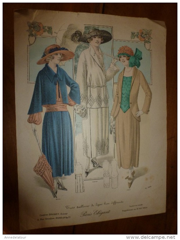 1922  Grande Gravure De Mode  PARIS ELEGANT (3 Tailleurs De Ligne Diff), Editeur Gaston Drouet, Dimensions 38cm X 27cm - Lithographies