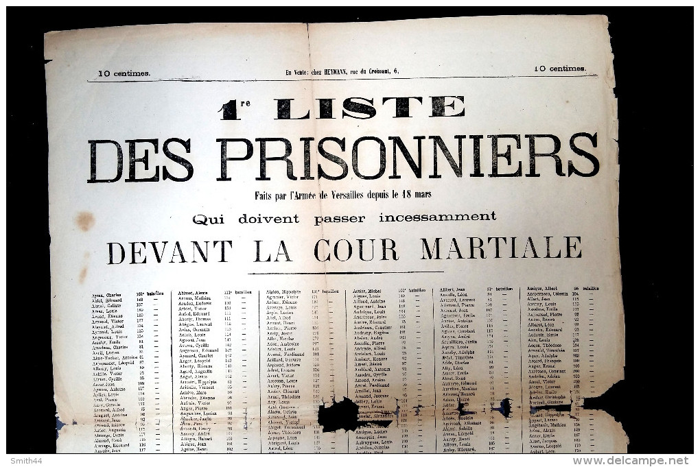 Commune De Paris 1871 - 1er Liste Des Prisonniers Qui Doivent Passer Devant La Cour Martiale - Armée De Versailles - Historische Dokumente