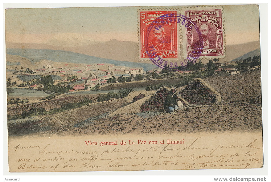 Vista General De La Paz Con El Ilimani P. Used Cochabamba Via Antofagasta Chile 1903 Hand Colored - Bolivië