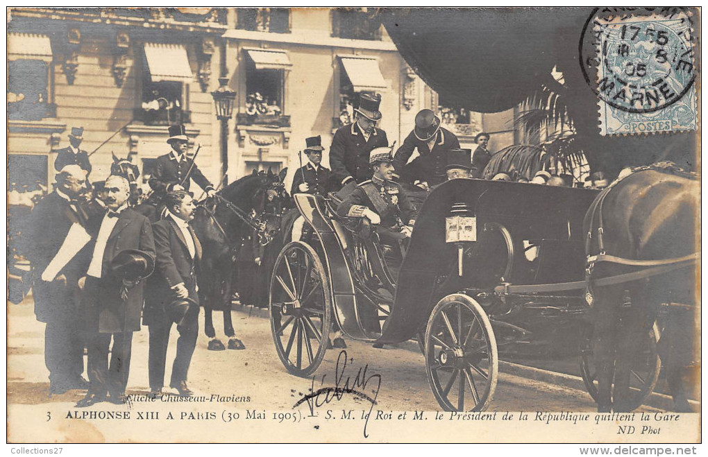 PARIS - ALPHONSE XIII A PARIS EN 1905 , S. M .LE ROI ET M. LE PRESIDENT DE LA REPUBLIQUE QUITTENT LA GARE - Autres & Non Classés