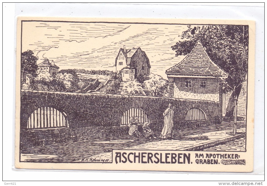 0-4320 ASCHERSLEBEN, Am Apothekergraben, Künstler-Karte Rohmeyer, Kl. Eckknick - Aschersleben