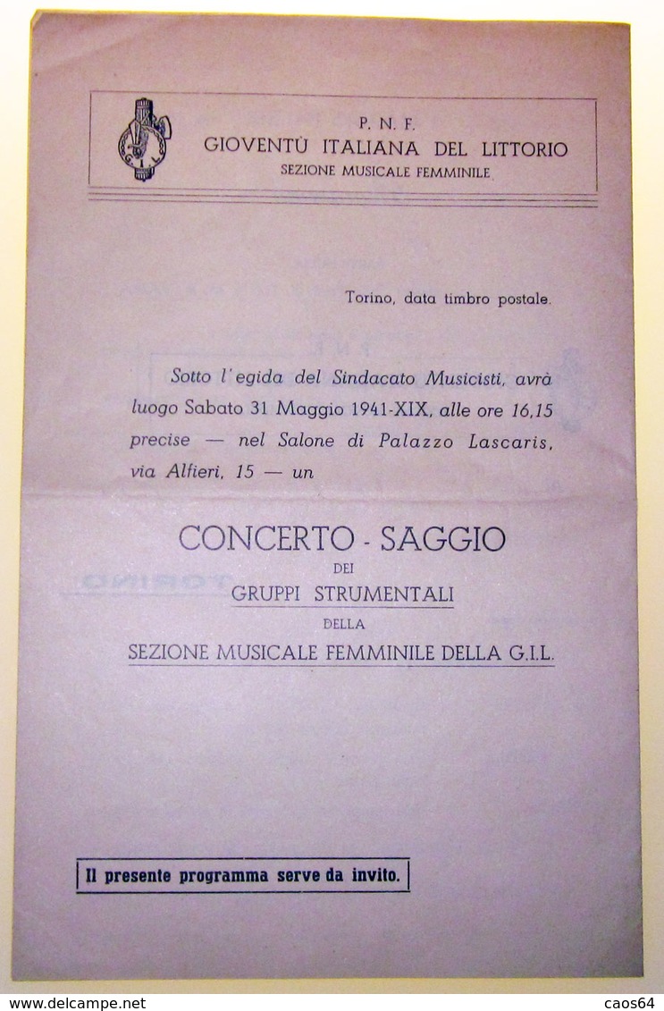 TORINO GIOVENTU' ITALIANA DEL LITTORIO PROGRAMMA CONCERTO SAGGIO   1941 - Programs