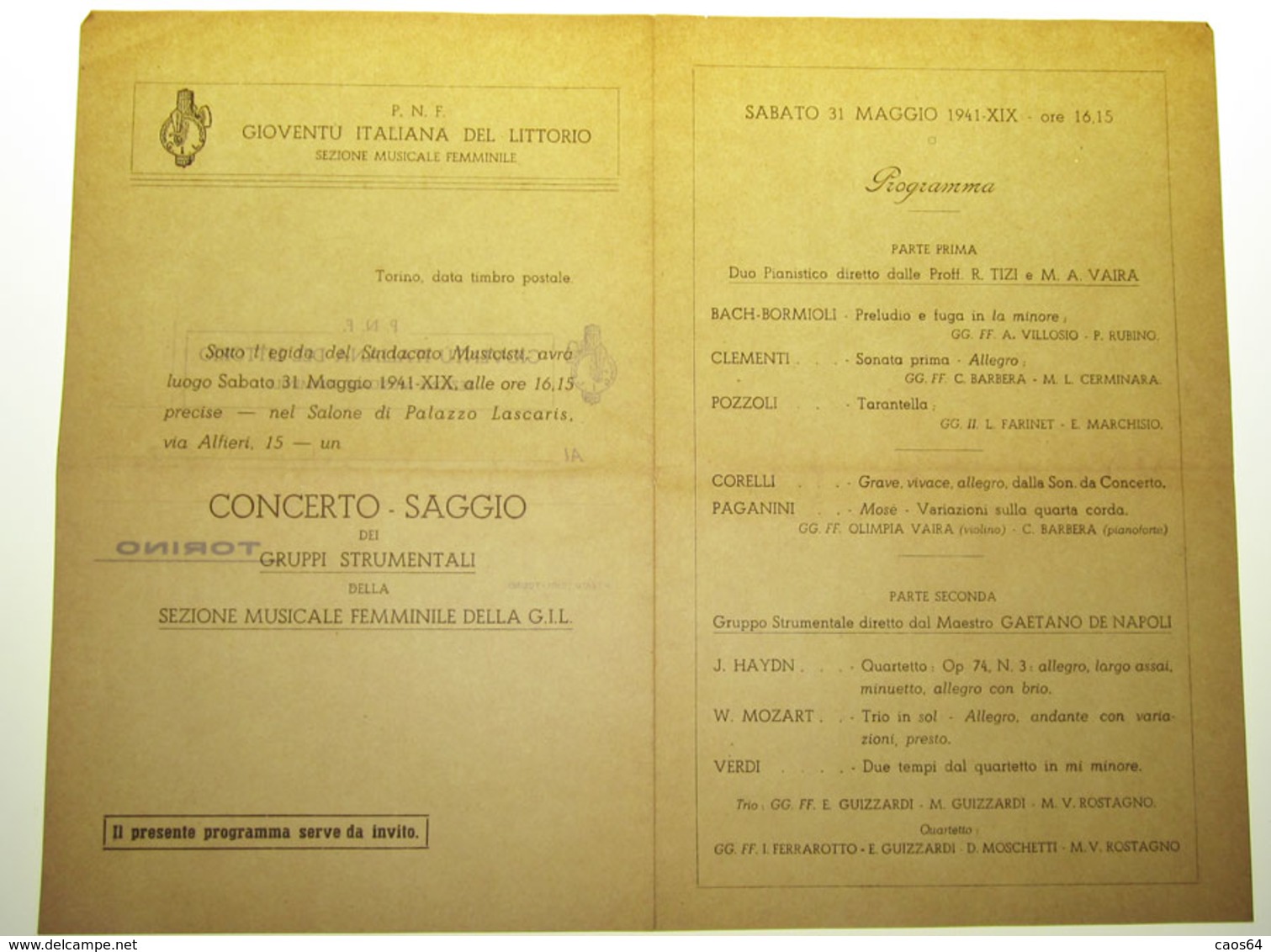 TORINO GIOVENTU' ITALIANA DEL LITTORIO PROGRAMMA CONCERTO SAGGIO   1941 - Programs