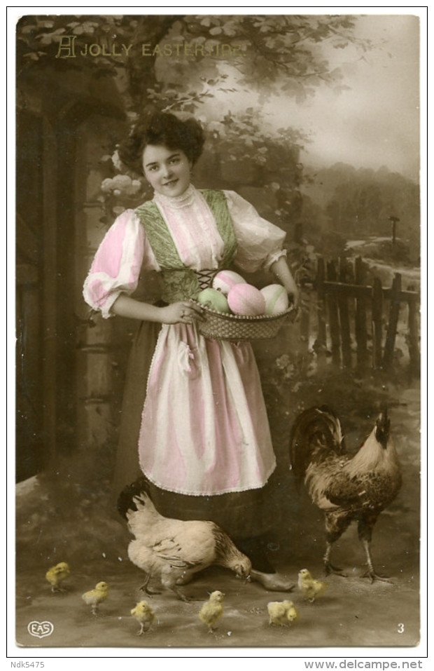 A JOLLY EASTERTIDE : PRETTY GIRL WITH BASKET OF EGGS / ADDRESSES - SAFFRON WALDEN, KING STREET & RAWDON, CHAPEL STREET - Easter