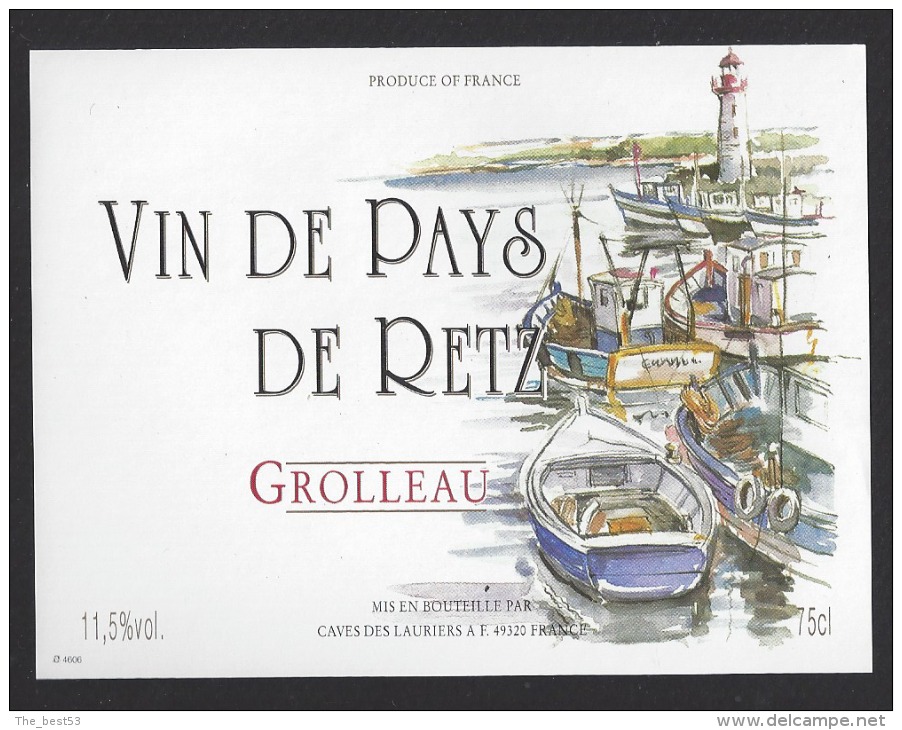 Etiquette De Vin De Pays De Retz  - Thème Bateau Port Phare  -  Caves Des Lauriers à 49320 - Bateaux à Voile & Voiliers