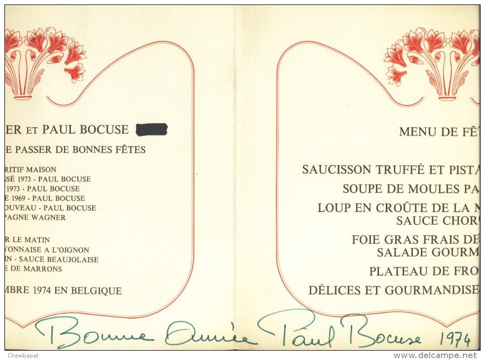 Menu Paul Bocuse  Fête De Fin D'année  31 Décembre 1974 - 26 X 22 Cm - Dédicacé - Menus