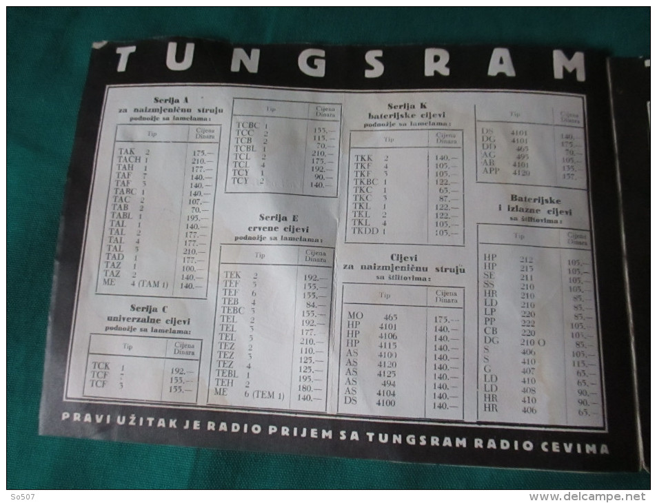 Tungsram-Cenik Radio Cevi 1937.Zagreb-Beograd/ Brochure-Catalog Radio Pipes For 1937.-Croatian Language - Werbung