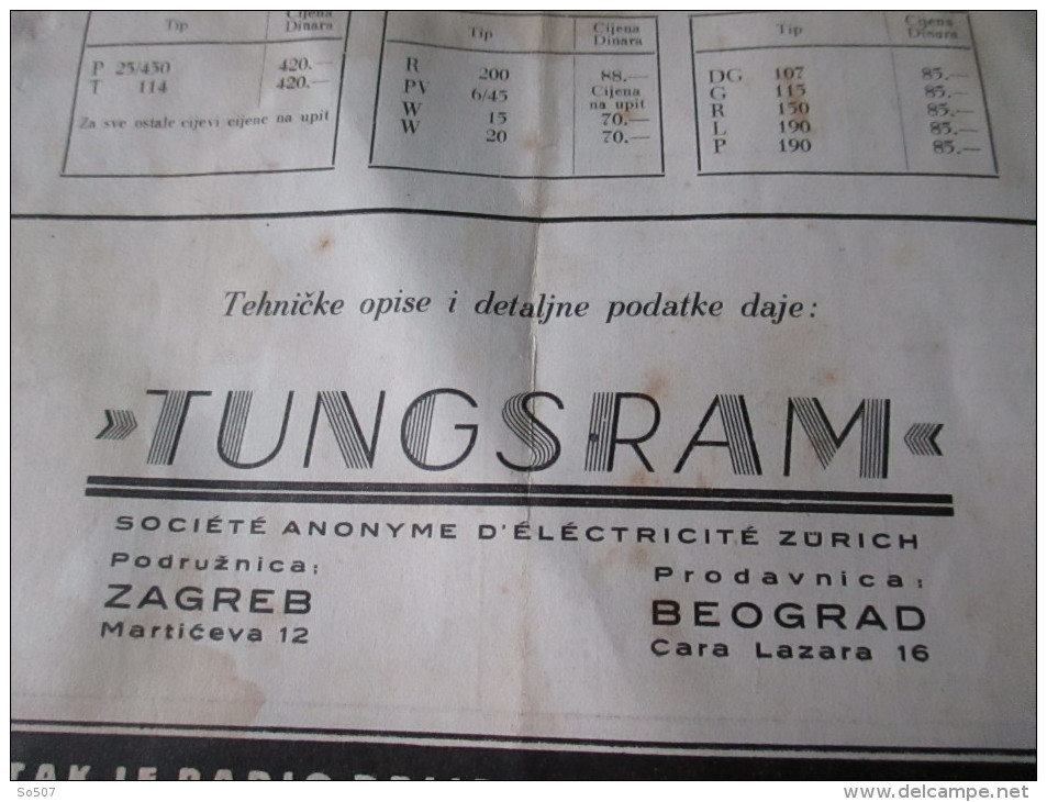 Tungsram-Cenik Radio Cevi 1937.Zagreb-Beograd/ Brochure-Catalog Radio Pipes For 1937.-Croatian Language - Advertising