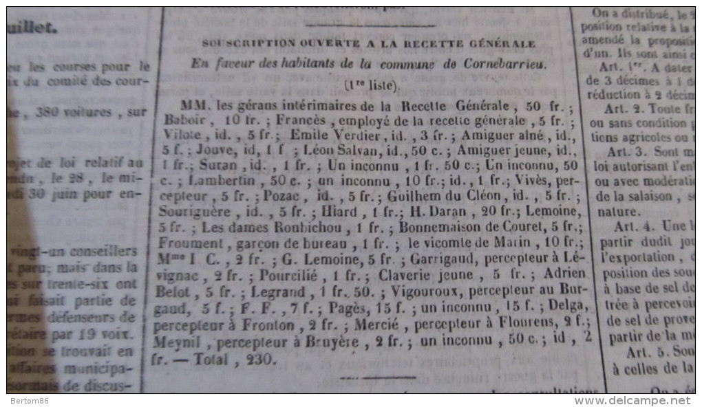 CORNEBARRIEU - L'INONDATION CATASTROPHIQUE DE 1845 ( JOURNAL DE TOULOUSE X 2 ) - N° 4. - 1800 - 1849