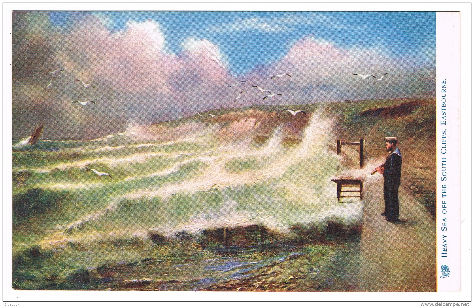 RB 1108 - Raphael Tuck Postcard - Heavy Sea Off South Cliffs &amp; Sailor - Eastbourne Sussex - Eastbourne