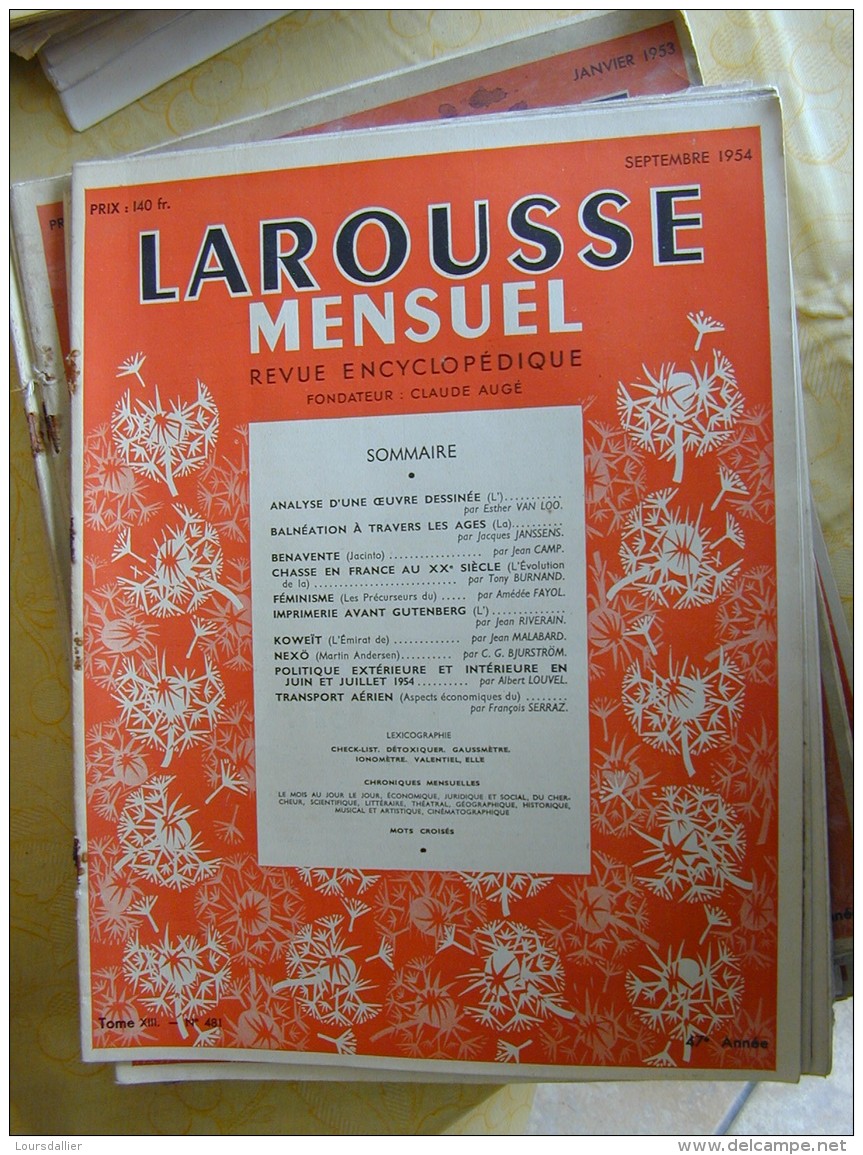 LAROUSSE 1954 N°481 OEUVRE DESSINEE BALNEATION BENAVENTE CHASSE FEMINISME IMPRIMERIE KOWEIT NEXO POLITIQUE TRANSPORT VOL - Encyclopédies