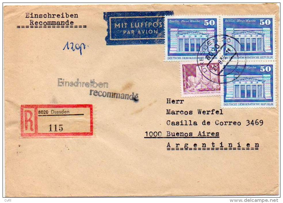 GERMANY DDR 1985. Registered Air Cover From Dresden To Buenos Aires, Argentina With Definitive Stamps - Covers & Documents