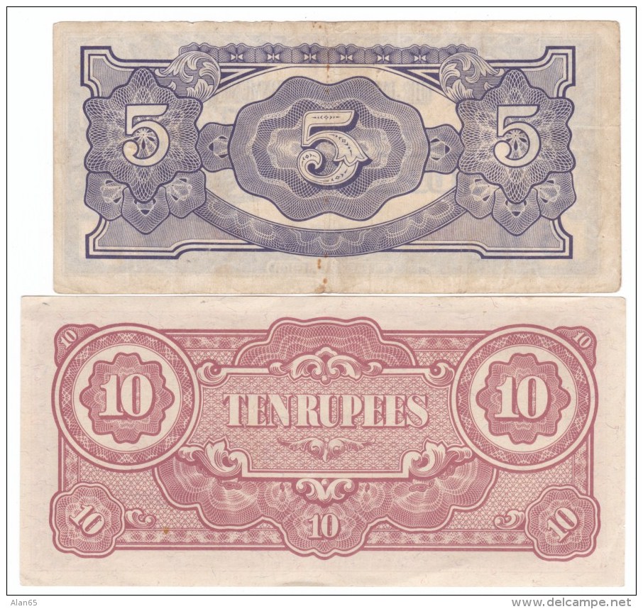 Burma #15b #16b, Japan WWII Occupation Issue, 5 Rupees 10 Rupees Banknote Money Currency - Myanmar