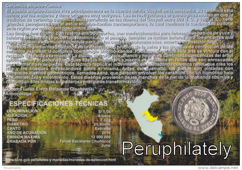 PERU 2016 , SHIPIBO KONIBO CERAMICS , 1 SOL , COIN ON CARD , MINT - Pérou