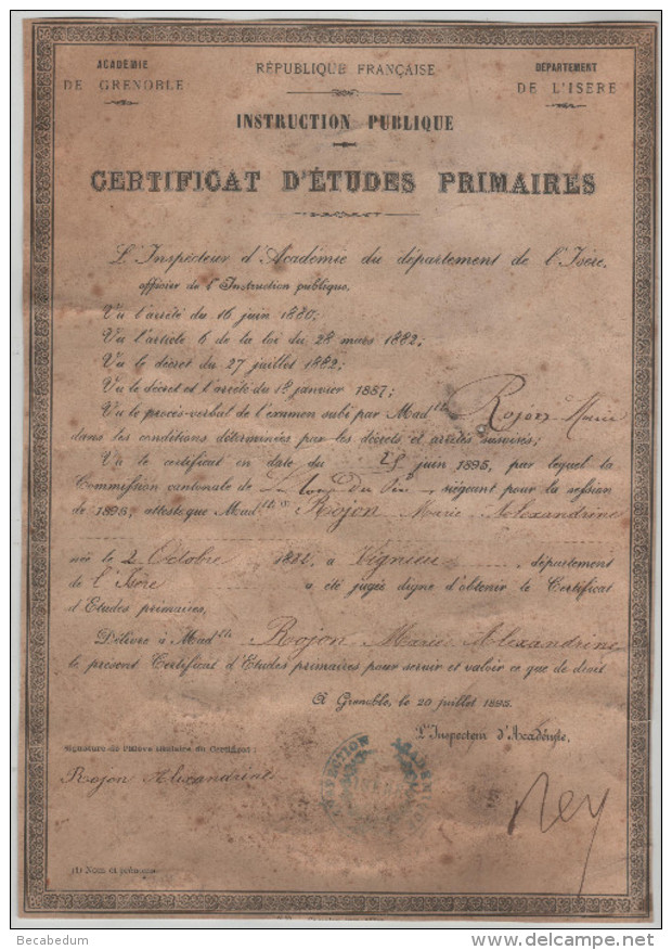 Certificat La Tour Du Pin Rojon Vignieu 1895 - Diploma's En Schoolrapporten