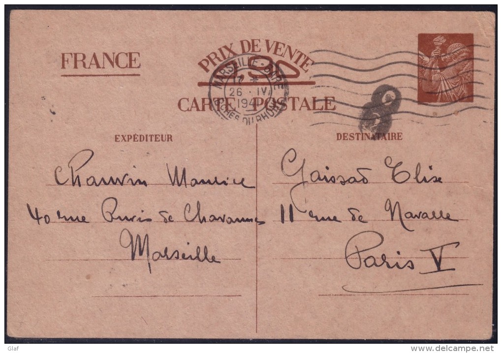 Carte Postale Interzones 90 C Iris 1er Modèle Omec Marseille Gare Le 26.4.1941 + Grande Lettre 8 Dans Cercle - Guerre De 1939-45