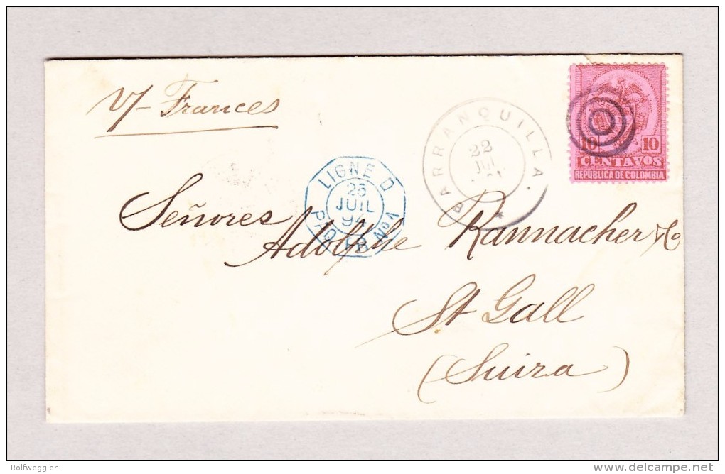 Kolumbien  Barranquilla 22.7.1894 Brief Mit 10C Braun Und Rosa Nach St Gallen Mit Franz Stempel Ligne D Paqueb. N1 - Colombie