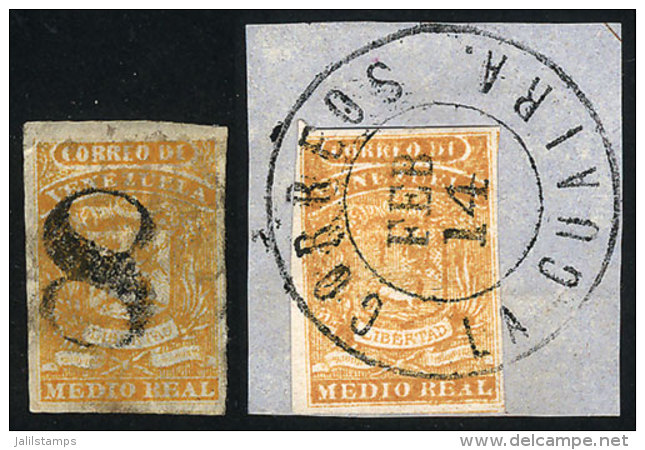 Sc.1, 1859 &frac12;r. Orange, Clear Impression (on Framgne With Cancel Of LA GUAIRA) And Worn Impression (with... - Venezuela