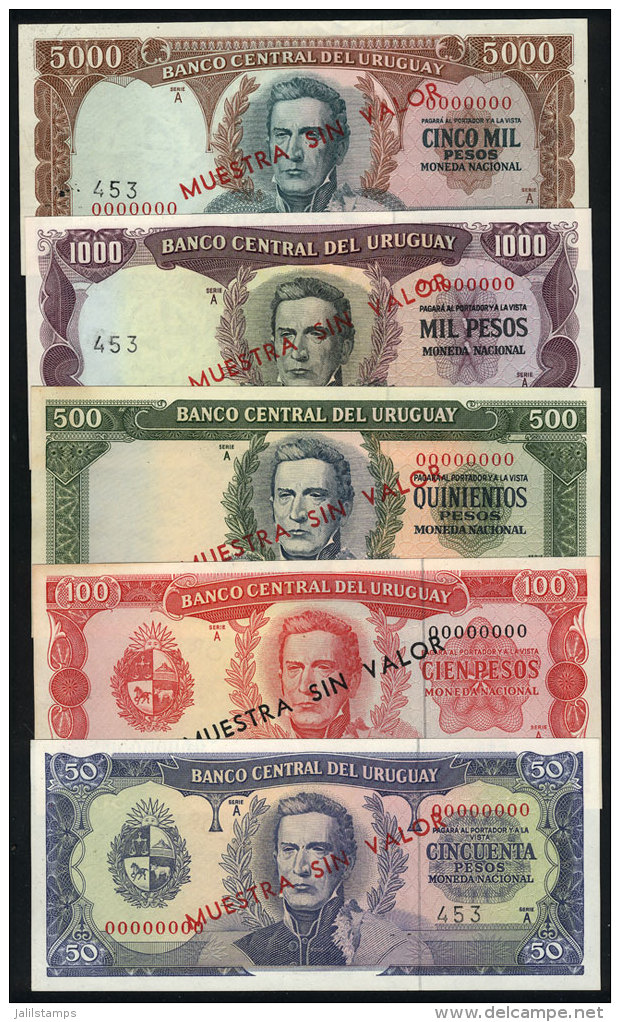 1967 Issue, Banknotes Of 50, 100, 500, 1000 And 5000 Pesos Overprinted "MUESTRA SIN VALOR", Serial "00000000" With... - Uruguay