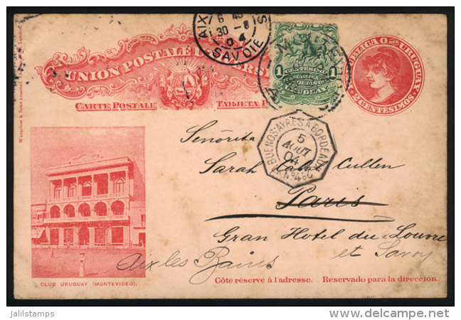 2c. Postal Card With View Of CLUB URUGUAY + Additional Postage Of 1c., Sent From Montevideo To France On... - Uruguay