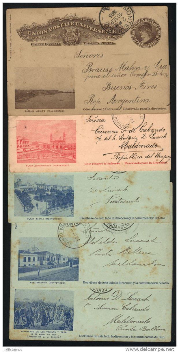 5 Illustrated Postal Cards With Good Views, Posted Between 1901 And 1905. Views Of: Constitución Square,... - Uruguay