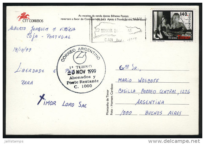 Postcard Sent To Argentina On 18/OC/1999, With Interesting Machine Cancel: "TIMOR LORO SAE CAN NOT WAIT", Topic... - Timor