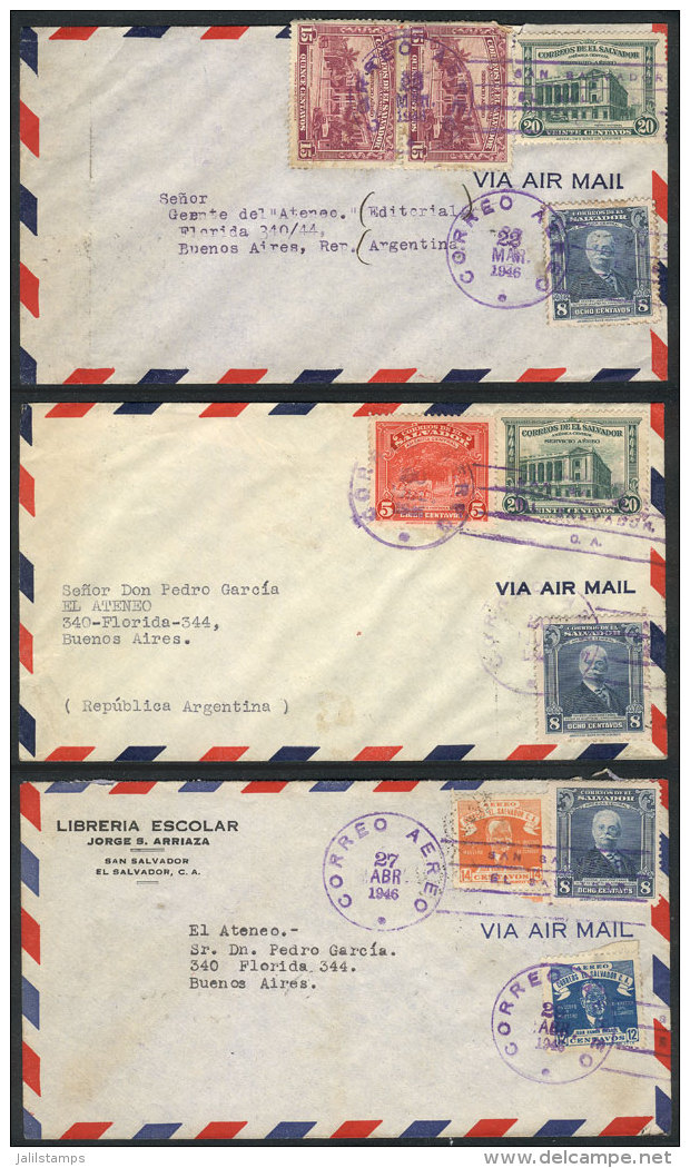 3 Covers Sent To Argentina In 1946, Nice Postages, Very Fine Quality! - El Salvador