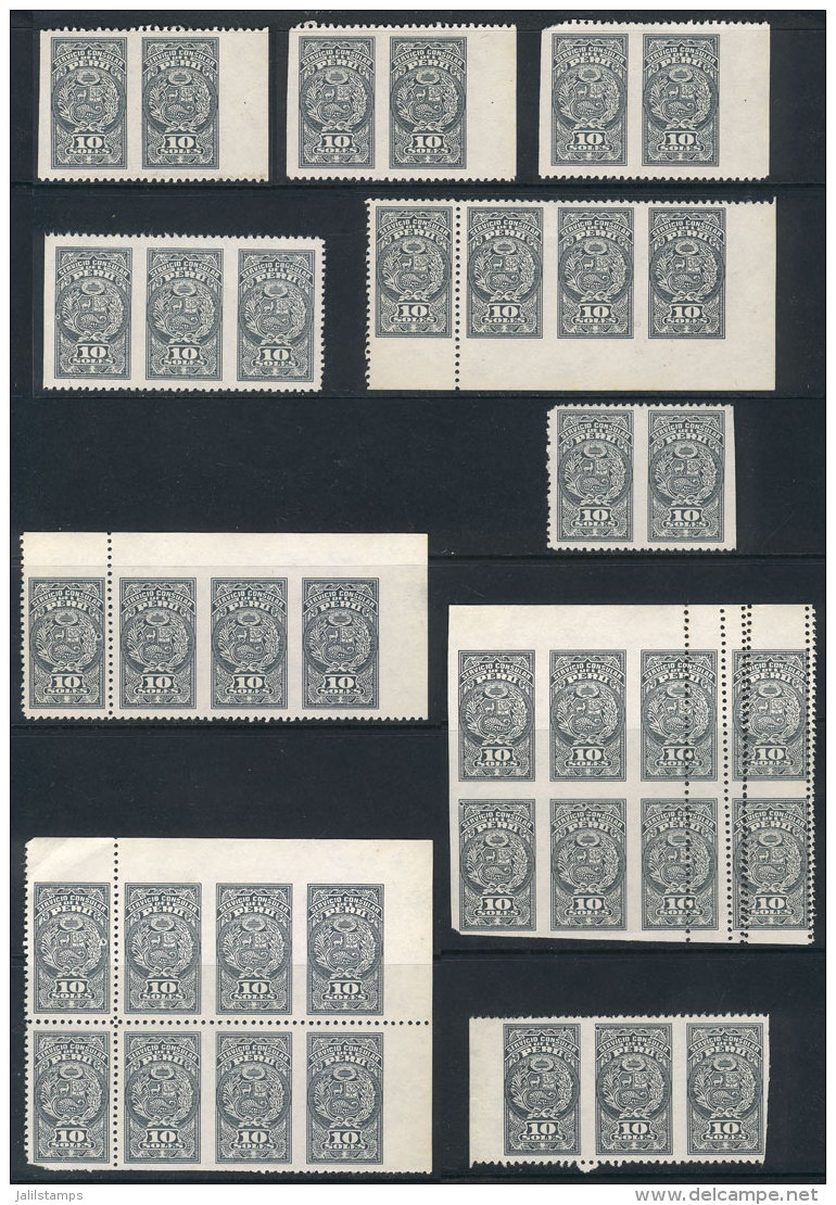 Consular Service 10S., Lot Of 28 Pairs, Strips Or Blocks, ALL With Important Perforation Varieties: Imperforate,... - Peru