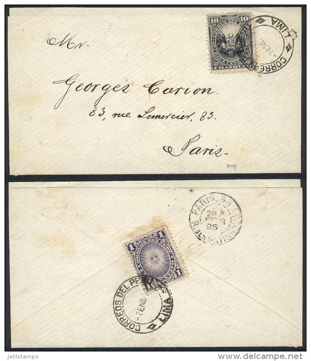 Cover Sent From Lima To France On 7/JA/1895 Franked With 10c. On Front + 1c. (on Reverse, To Pay The Fee For The... - Pérou