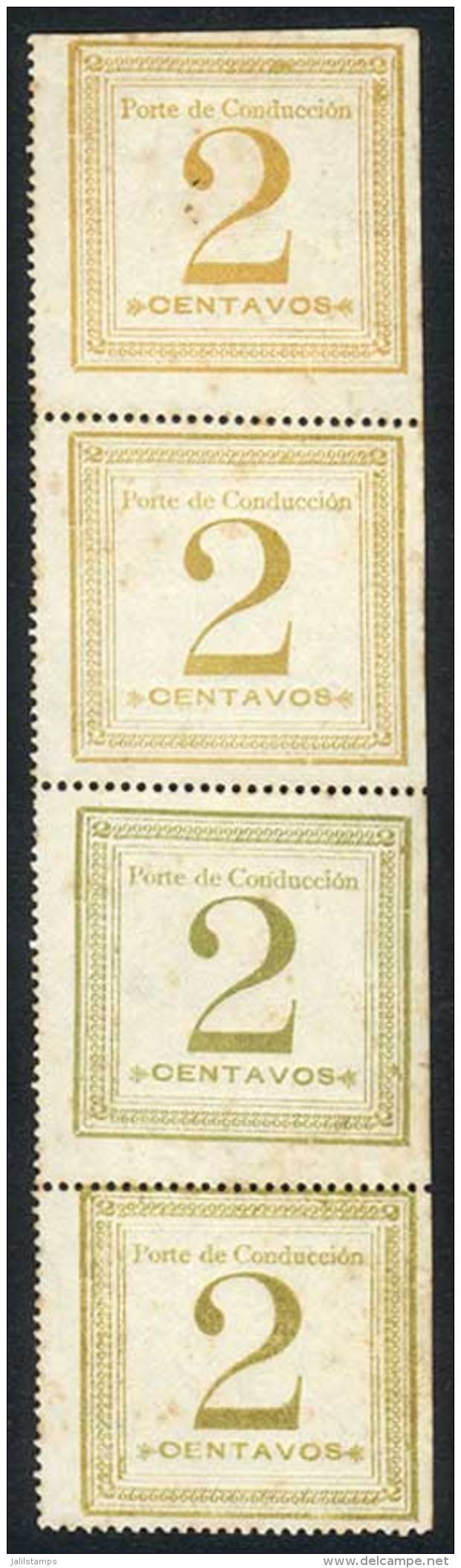 Sc.Q2, 1897 2c., Rare Unused Vertical Strip Of 4, The 2 Top Stamps In Yellow, And The Bottom Stamps In Olive Green,... - Pérou