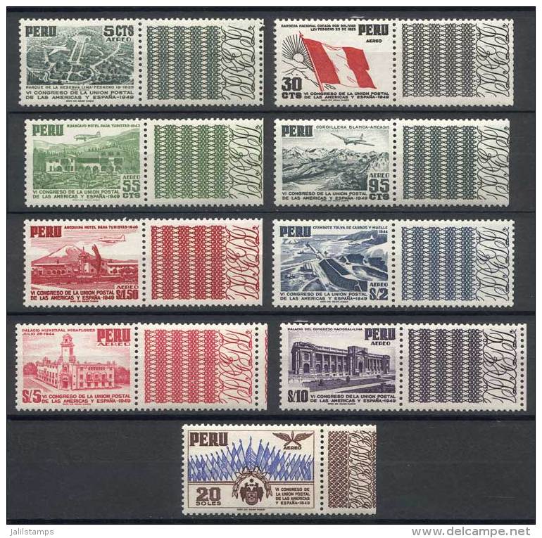 Yvert 87/95 WITHOUT OVERPRINT, 1949 Unissued Set Of VI UPAE Congress, Compl. Set Of 9 Values, Mint Never Hinged,... - Peru