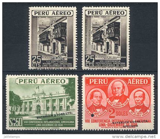 Yvert 62/64, 1938 Panamerican Congress, 4 Stamps With Little Punch Cancel And Overprinted "WATERLOW &amp; SONS LTD... - Pérou