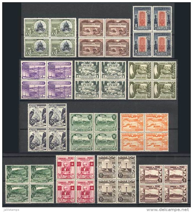 Yvert 49/61, 1938 Complete Set Of 13 Values, Blocks Of 4, Mint Never Hinged, Superb, Catalog Value Euros 800+ - Pérou