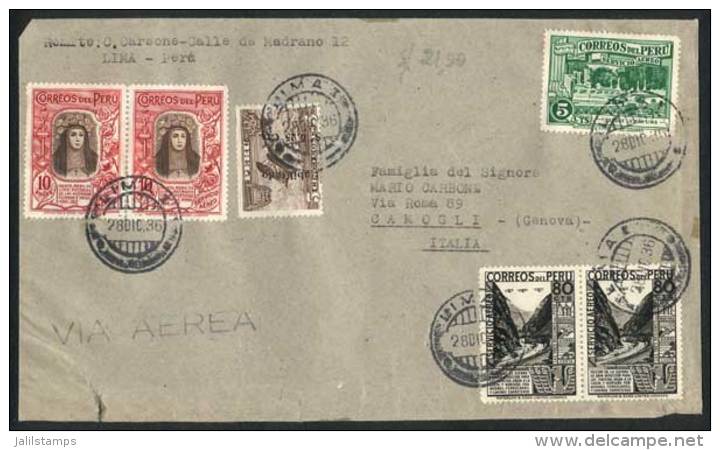 Airmail Cover Franked By Yvert 28 X2 (10S. Santa Rosa De Lima) + Other Values, Sent From Lima To Italy On... - Pérou