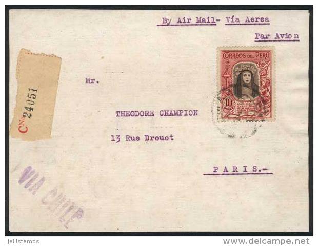 Registered Airmail Cover Franked By Yvert 28 (10S. Santa Rosa De Lima) + Other Values, Sent From Lima To Paris On... - Pérou