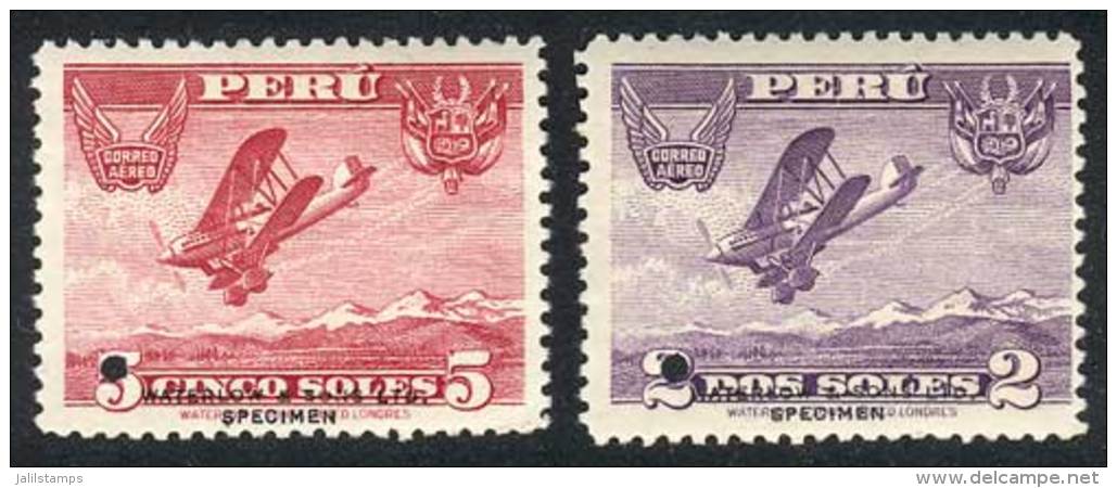 Yvert 4/5, 1934 Biplane, Set Of 2 Values, Proofs In Different Colors With Little Punch Hole On The Left Face Value... - Pérou