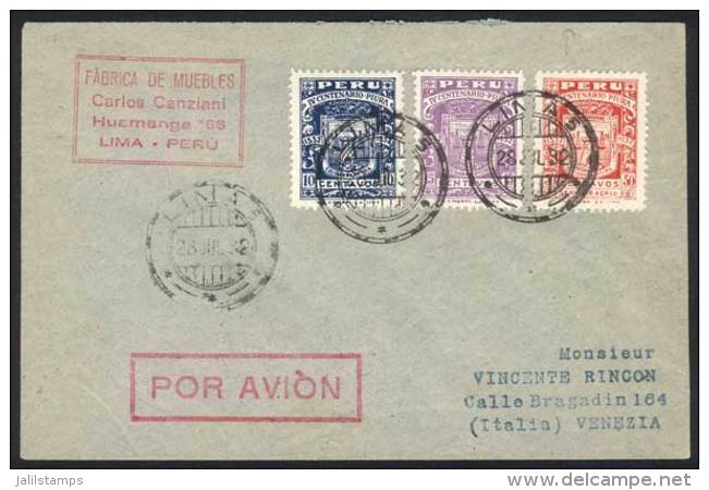 Yvert 271/2 + A.3, 1932 Piura 400th Anniv., Complete Set Of 3 Values On A Cover Flown From Lima To Italy On... - Pérou