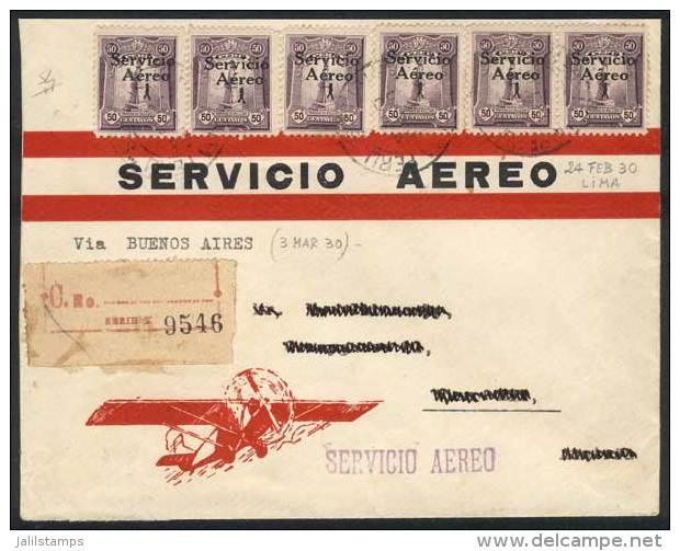 Yvert 1, Cover Sent From Lima To Buenos Aires On 24/FE/1930 (arrival 3/MAR), Franked By 6 Stamps With FORGED... - Peru