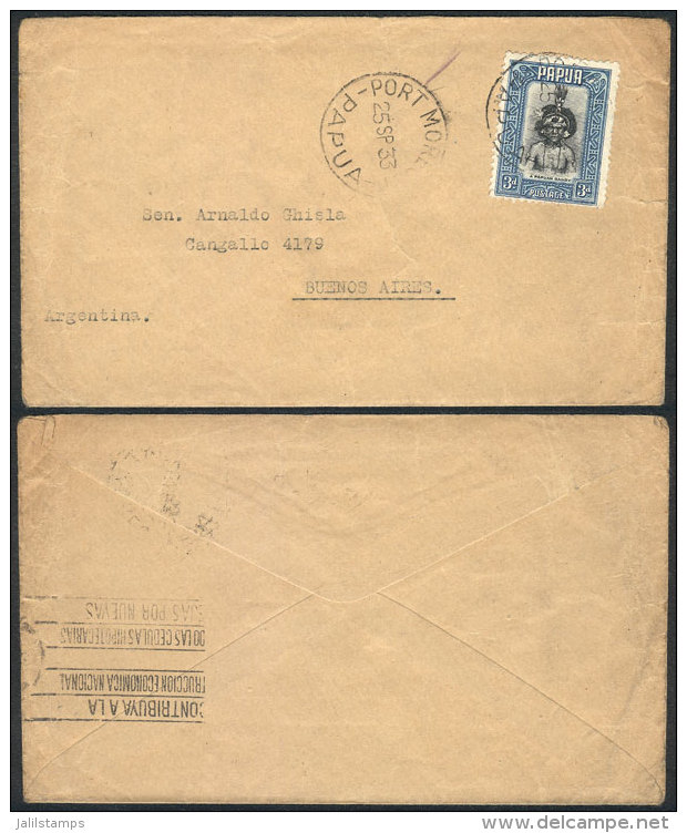 Cover Franked With 3p. (Sc.98), Sent From Port Moresby To Argentina On 25/SE/1933, VF Quality, Very Rare... - Papouasie-Nouvelle-Guinée