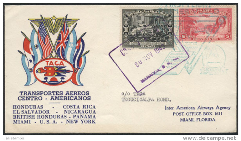 20/NO/1943 First Flight Managua-Tegucigalpa (Honduras)by TACA, Very Fine Quality! - Nicaragua