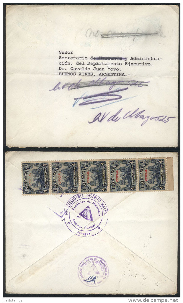 Official Cover Franked On Reverse With Strip Of 5 Of 4c. Dark Blue (total 20c.), Sent From Managua To Argentina On... - Nicaragua