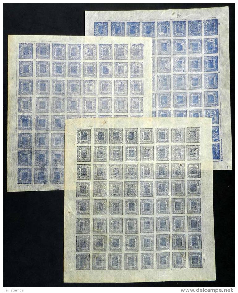 Scott 29A + 29Aa, 1917/8 1a., 3 Complete Sheets Of 64 Stamps Each, Colors: Bright Blue, Dark Blue And Indigo,... - Nepal