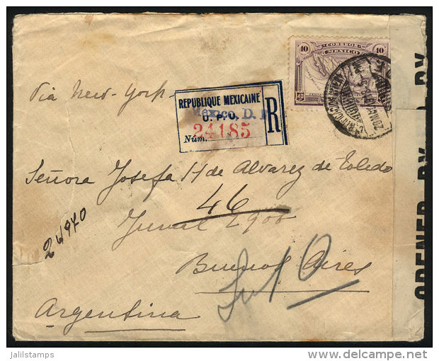Registered Cover Sent To Argentina On 20/MAY/1918 Franked With 40c., Censored, Very Nice! - Mexico