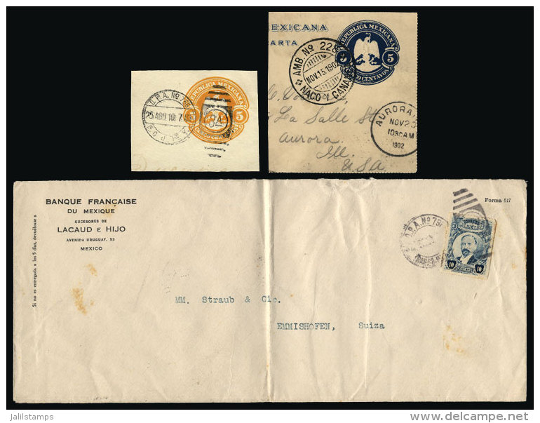 Cover Sent To Switzerland In 1921 + 2 Fragments Of 1902 And 1910, All With TRAVELLING PO Cancels, VF Quality! - Mexico