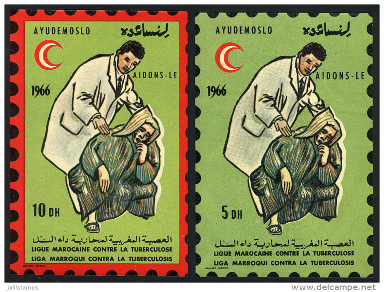 FIGHT AGAINST TUBERCULOSIS: 1966 Issue, Set Of 2 Window Labels Imitating Stamps Of 5D. And 10D., Excellent Quality,... - Marokko (1956-...)