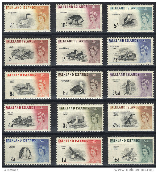 Sc.128/142, 1960 Birds, Cmpl. Set Of 15 Values, Mint Very Lightly Hinged, VF Quality, Catalog Value US$180. - Falkland Islands