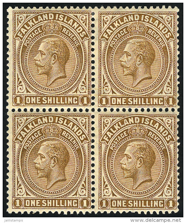 Sc.47, 1921/9 George V 1S. Bistre, Beautiful Block Of 4, Mint Lightly Hinged, VF Quality, Catalog Value US$90. - Falklandeilanden