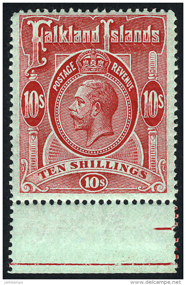 Sc.39, 1912 George V 10S., Red On Green Paper, With Sheet Margin Below, MNH, Excellent Quality! - Falkland