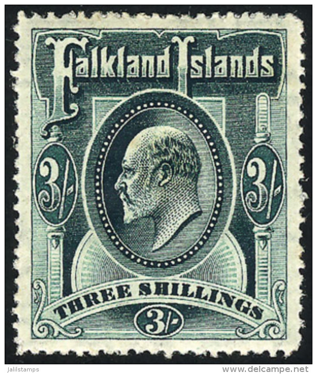 Sc.28, 1904/7 Edward VII 3S. Green, Mint, VF, Catalog Value US$180. - Falklandeilanden